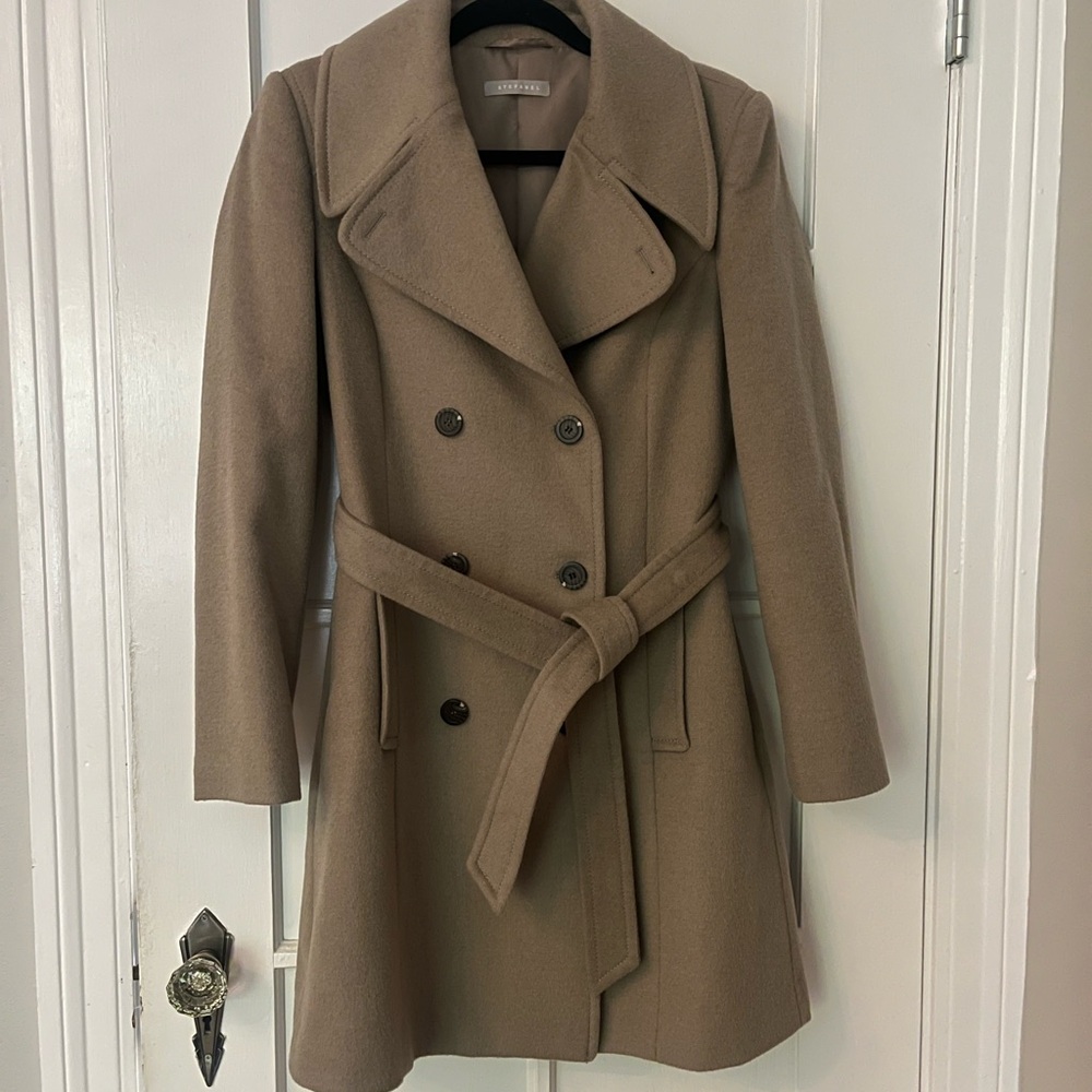 Stefanel Tan/Beige Double Breasted Trench Coat with Wide Belt